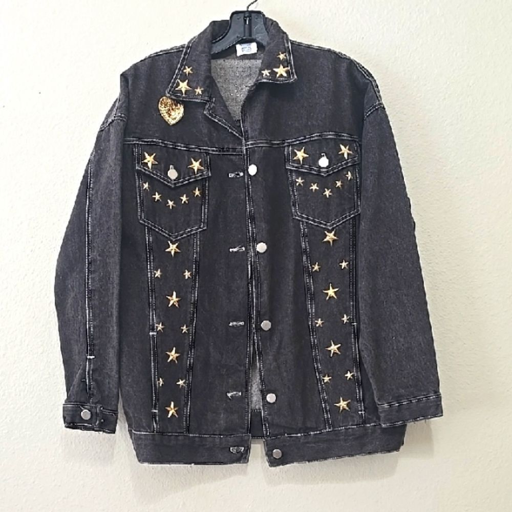 Studded Black and Gray‎ Custom Decorated Denim Jacket By Sears S